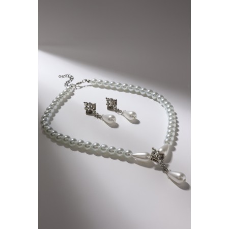 Set 2 objects: earrings, Antoinette necklace, white color in silver, 40 cm-4
