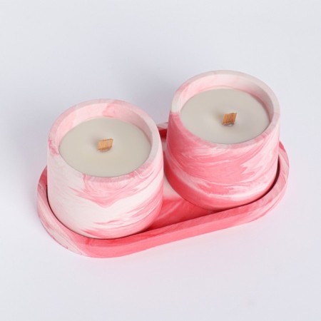 Candles in concrete on the stand "Loft", soy wax, wooden wick, white-pink-1