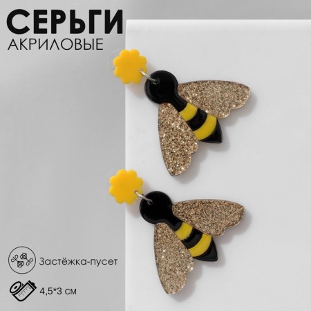 Acryl Earrings "Bees", golden-black color in silver