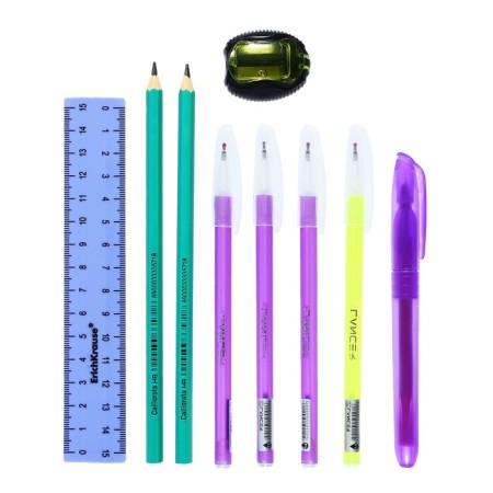 Cleaning set 10 items (pencil case is 65 x 210 mm, pens 4 pieces Blue, ruler 15 cm, sharpener, pencil 2 pieces, texture), purple-5