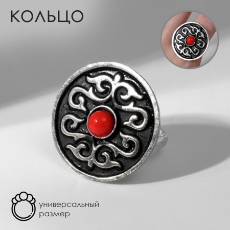 Ring of the "ethnic" patterned circle, red color in black silver, dimensionless