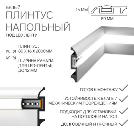 Plastic white plinth under LED tape 80x16x2000mm
