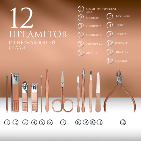Manicure set, 12 items, in case, beige/pink gold color-1