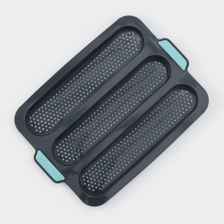 Silicone form for baking with perforation "Baget", 34.5 × 24 × 2.2 cm, 3 cells (28 × 6 × 2 cm), the color is gray.-1