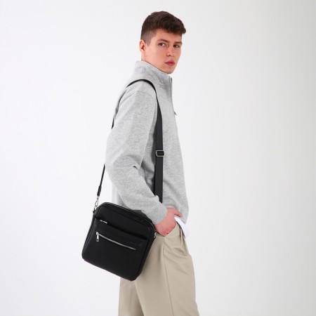 Male bag over the shoulder, Textura, artificial leather, black color