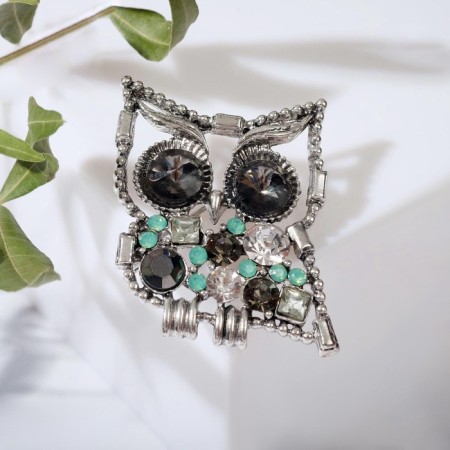 Brooch "Owl", large eyes, the color is gray-green in silver-4