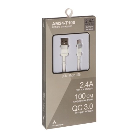 Cable Accesstyle AM24 -T100, MicroUSB - USB, 2.4 A, TPU, fast charging, 1 m, white-3