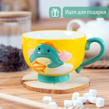Ceramic mug "Cupid Dino", 400 ml, yellow color-1