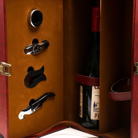 Casket wood, leatherette for a bottle "Bordeaux" 4 items 35.5x20x12 cm-3