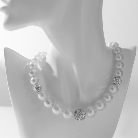 Beads "Pearls" with Shambhala, beads No. 8, 16, white color in silver, 38 cm