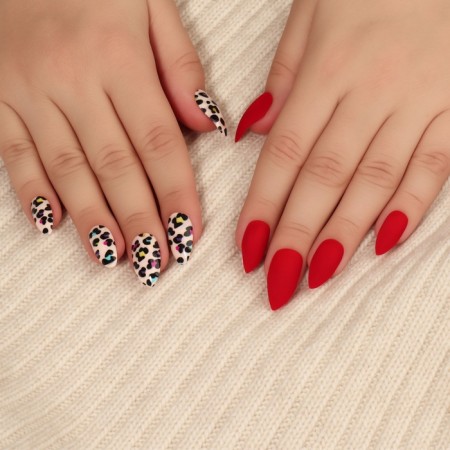 Leo patch nails, 12 pcs, with glue plates, almonds, red, beige-6