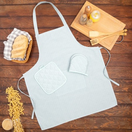 Kitchen set "Strips" apron 60x70cm, tack 20x20cm, mittens 12x15cm, green color, 50%p/e, 50%hl