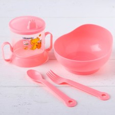 A set of children's dishes, 4 items: bowl, spoon, fork, chip with solid nose 200 ml, MIX color