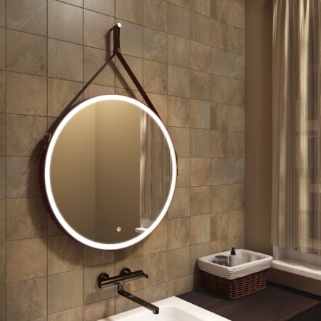 Mirror Uperwood Round, 80 cm, LED backlight, sensor, brown belt