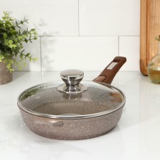 Granite pan, d = 22 cm, removable handle, glass cover, anti -stick coating, brown color