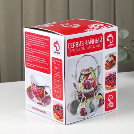 Service Ceramic Tea Dolyana "Russian Disor", 13 items on a stand: 6 cups 210 ml, 6 saucers, kettle-14
