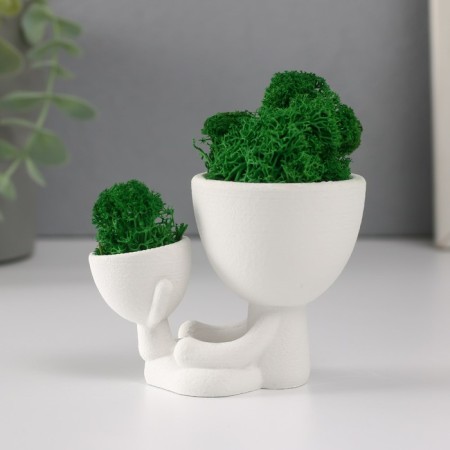 Kashpo concrete mini "Mr. Green with a baby" with moss white 5.5x8.5x6.5 cm (moss green stabil)