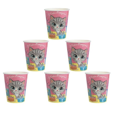 A one -time paper glass "Happy Birthday" a cat (250 ml)-1