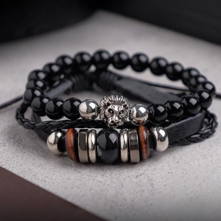Bracelet Leather "Hurricane" lion, black color in silver, d = 7 cm-3