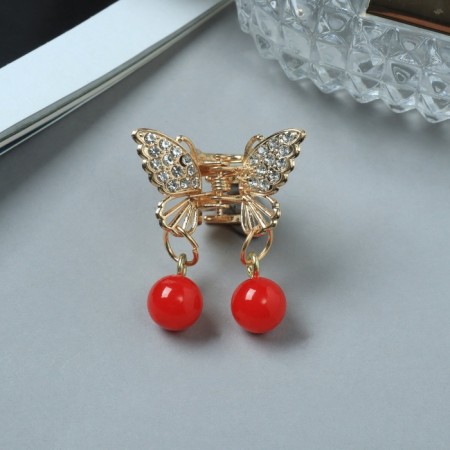 Hair crab "Milada" red beads, 2.5 cm, gold