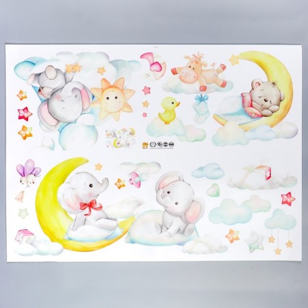 Sticker Plastic Interior color "Elephants and animals in clouds" 50x70 cm-1