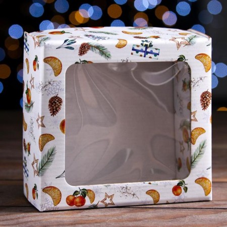 Gift box, lid is, with the “New Year mood” window, 14.5 x 14.5 x 6 cm