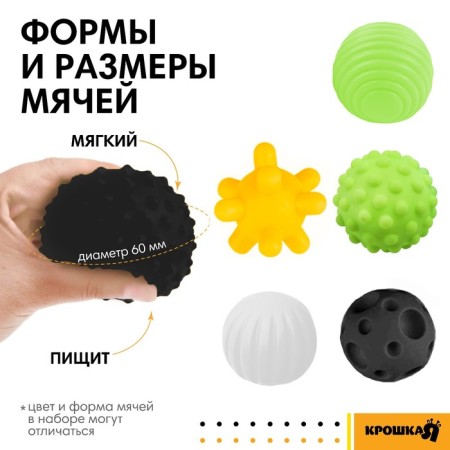 A set of developing tactile balls according to the methodology of Glenna Doman, with a squeak, 6 pcs, crumb I-1