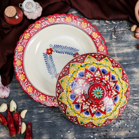 The pancake of Rishtan ceramics "Flowers", 32 cm, red-1