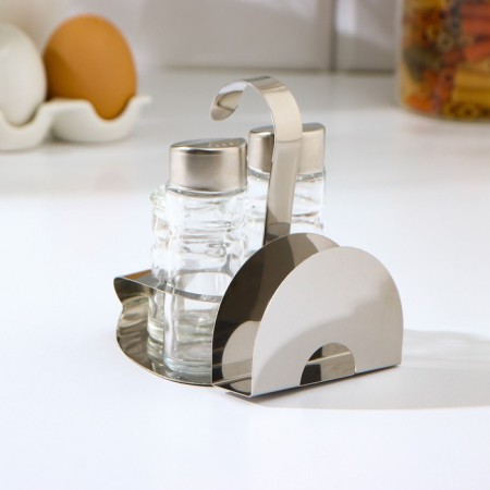 Glass set for spices on a stand, 4 items: a solo, a lists, a napkin, a capacity for toothpicks-2