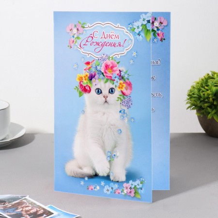 Birthday card!" cat, wreath, blue background, a5-2