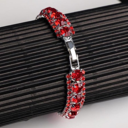 Bracelet with rhinestones "Northern Lights" snake, red color in silver, 18 cm-1