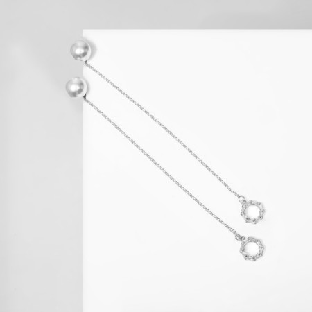 Earrings with pearls "chains" ring and bead, white color in silver, ball No. 10-4