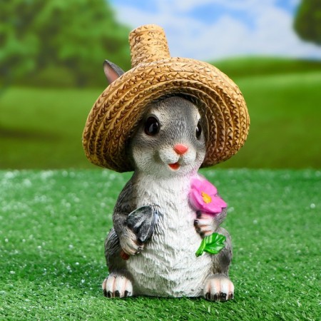 Garden figure "Bunny in a straw hat with a flower" 12x13x22cm