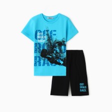 A set for a boy (T -shirt/shorts), turquoise/black color, height 134 cm
