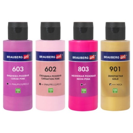 Paint for the fluid art, set 4 colors x 120 ml, Brauberg, pink tones-5