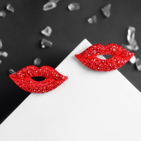 Earrings with rhinestones "Role" lips, red color-1