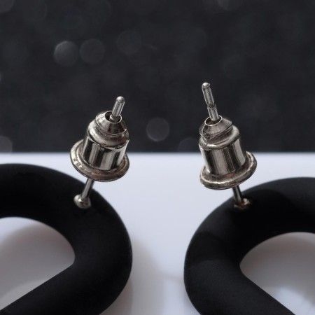 Earrings Metal “Chain” Ring and Oval, 3 links, silver-black color-2