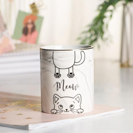 Organizer for the office, ceramic, meow, gray, 8 x 9.5 cm-3