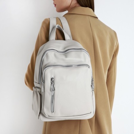 Women's backpack made of artificial leather with lightning, 6 outer pockets, beige color-7