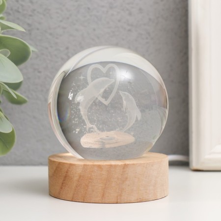 Souvenir glass backlight "Two dolphins" d = 6 cm stand wood, usb 6.5x6.5x7.5 cm-3