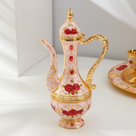 Set of wine jug, 6 glasses and tray "Istanbul. Red roses, patterns" White with gold-4