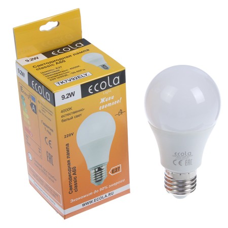 LED LED ECOLA LIGHT CLASSIC, E27, A60, 9.2 W, 4000 K, 110x60 mm, matte