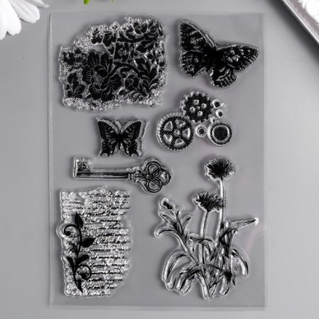 Stamp for creativity Silicon "Butterflies, Flowers and Key" 15x10 cm