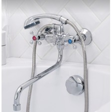 Bath mixer RMS SL71-143, two-wound, long spout, shower watering can and hose, chrome
