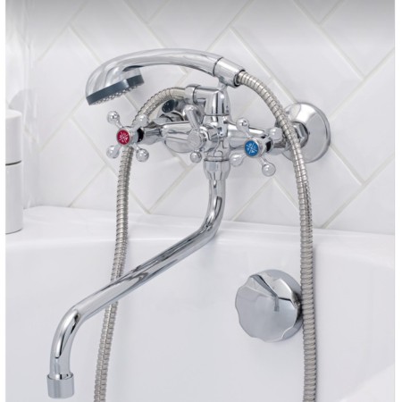 Bath mixer RMS SL71-143, two-wound, long spout, shower watering can and hose, chrome