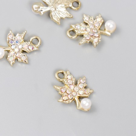 Decor for creativity metal, rhinestones "Maple leaflet with pearl" 1.7x1.3 cm