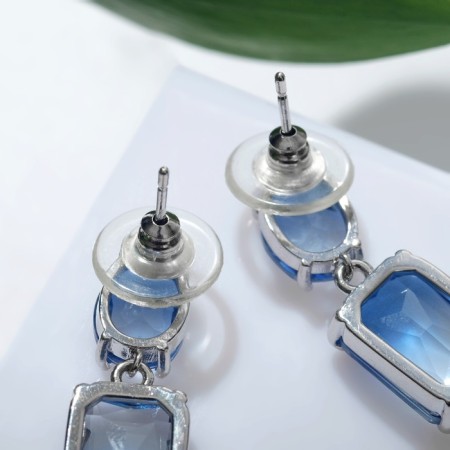 Earrings with rhinestones "Spring" oval square, blue color in silver-2