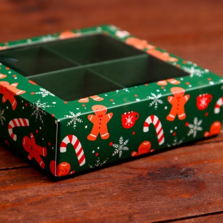 New Year. Box for 4 sweets, 12.6 x 12.6 x 3.5 "gingerbread", confectionery packaging-3