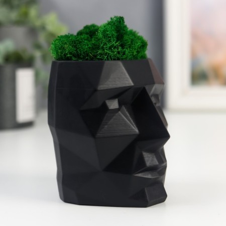Concrete Kashpo "Head" with moss height 8.5 cm black (moss green stabilized)-1