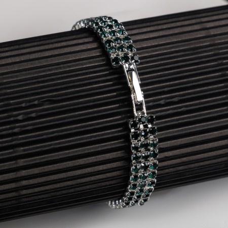 Bracelet with rhinestones "shining" three rows, dark green color in silver, 18 cm-4